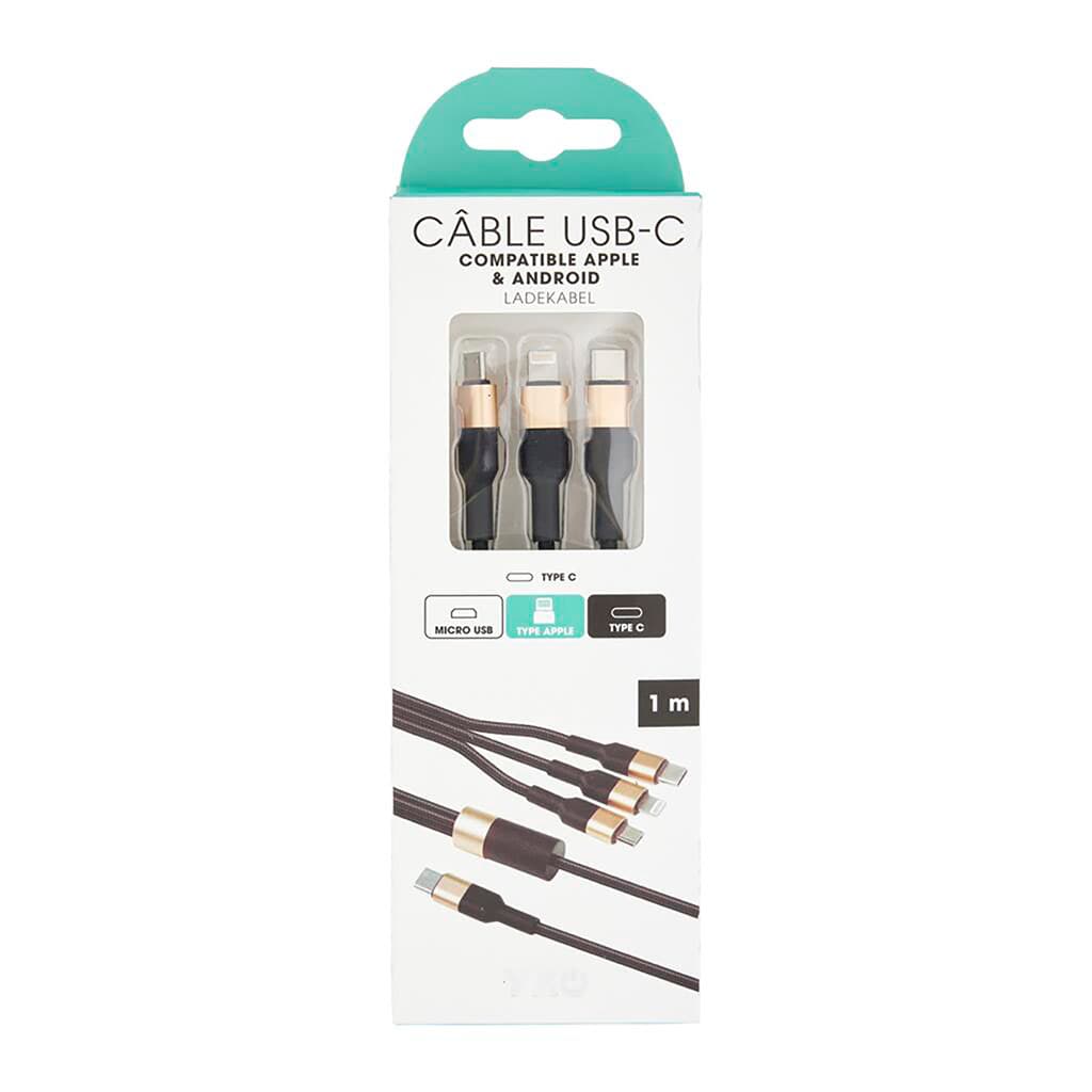 Câble de charge nylon USBC 3 en 1 1m